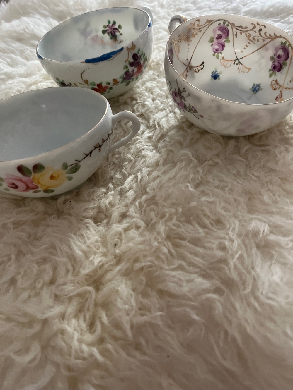 Set of 3 Hand-Painted Porcelain Teacups - Floral Design